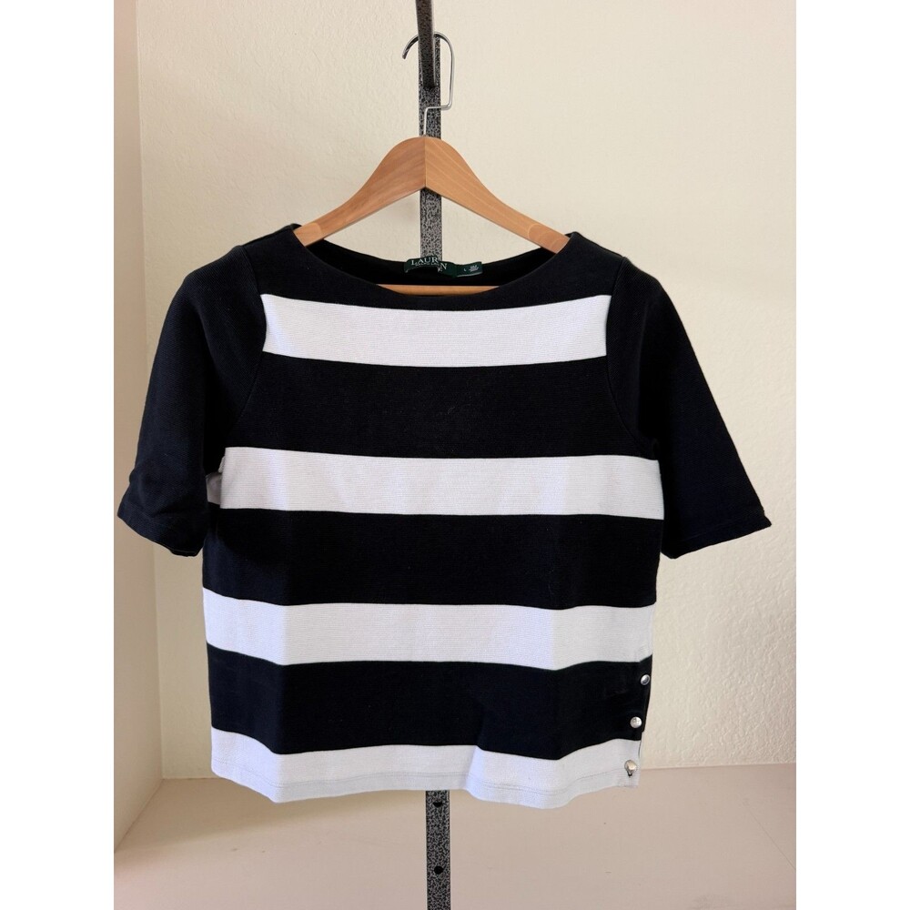 Lauren Ralph Lauren Crop Knit Top Womens L Black White Stripe Short Slv Stretch
